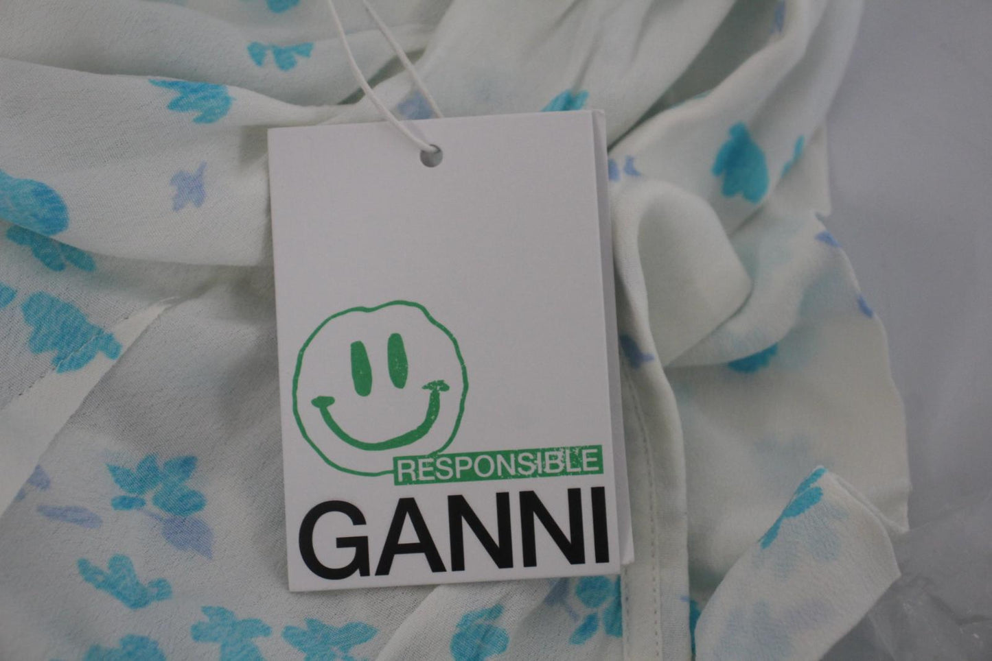 GANNI Ladies White & Blue Floral Print Belted Midi Dress Size EU32 UK4 NEW