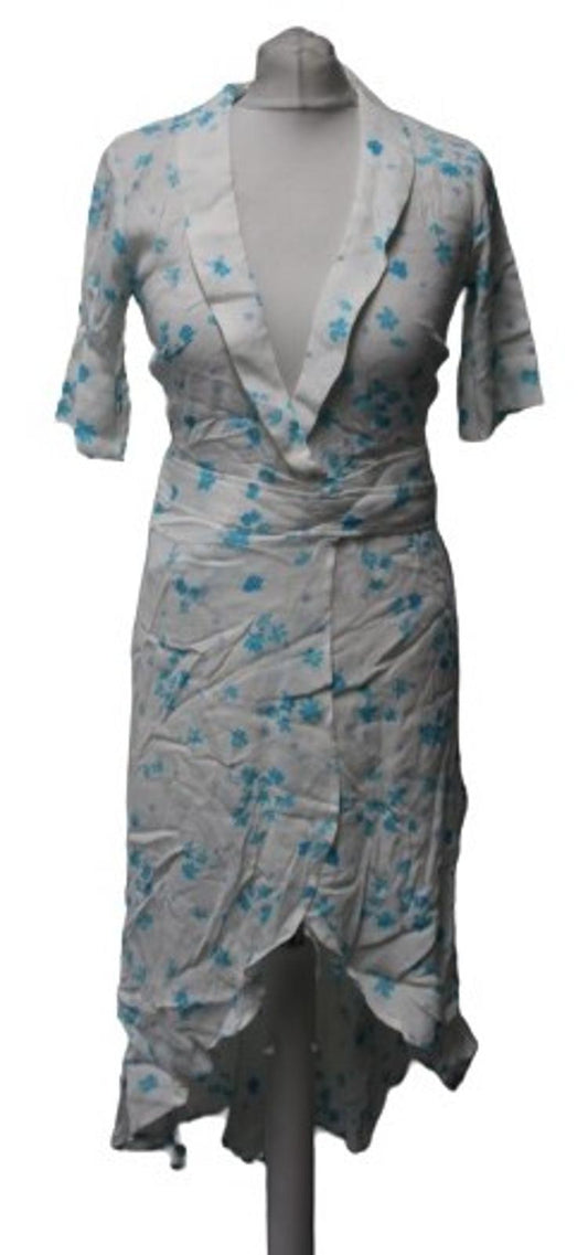 GANNI Ladies White & Blue Floral Print Belted Midi Dress Size EU34 UK6 NEW