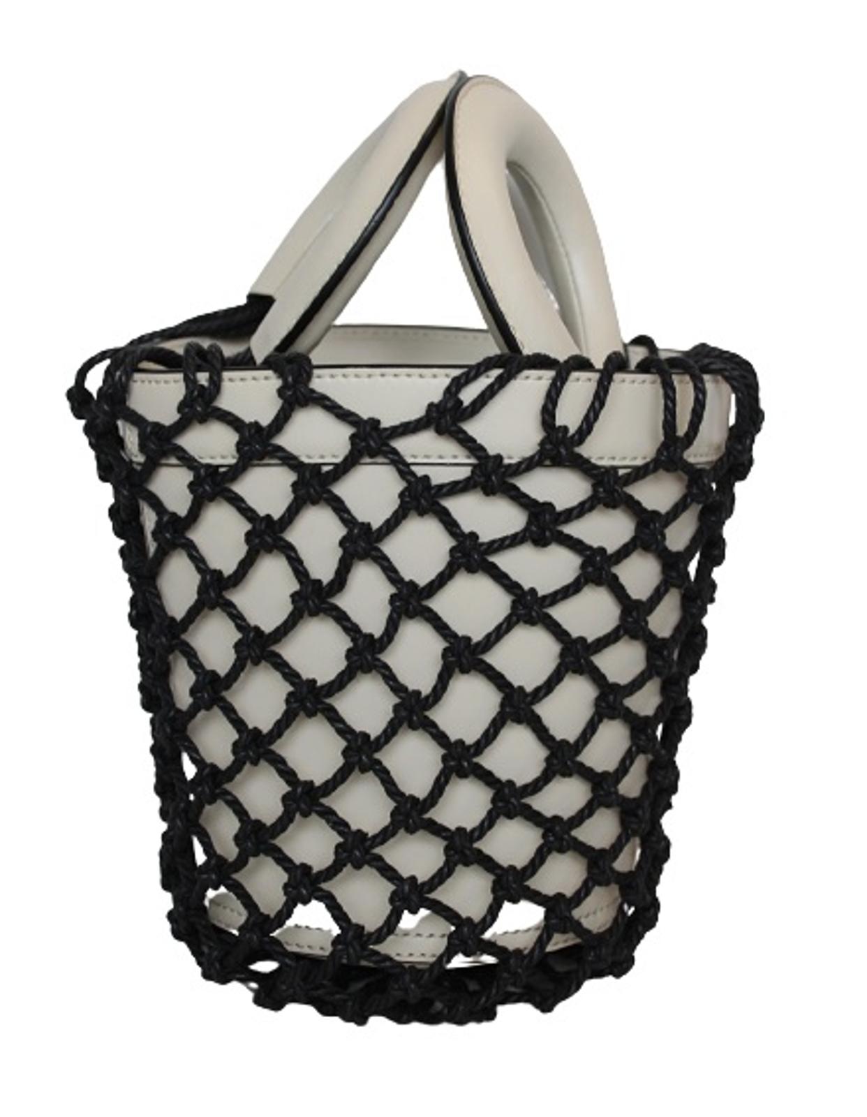 STAUD Ladies Moreau Natural/Black MacramÃ© & Leather Open Top Bucket Bag OS NEW