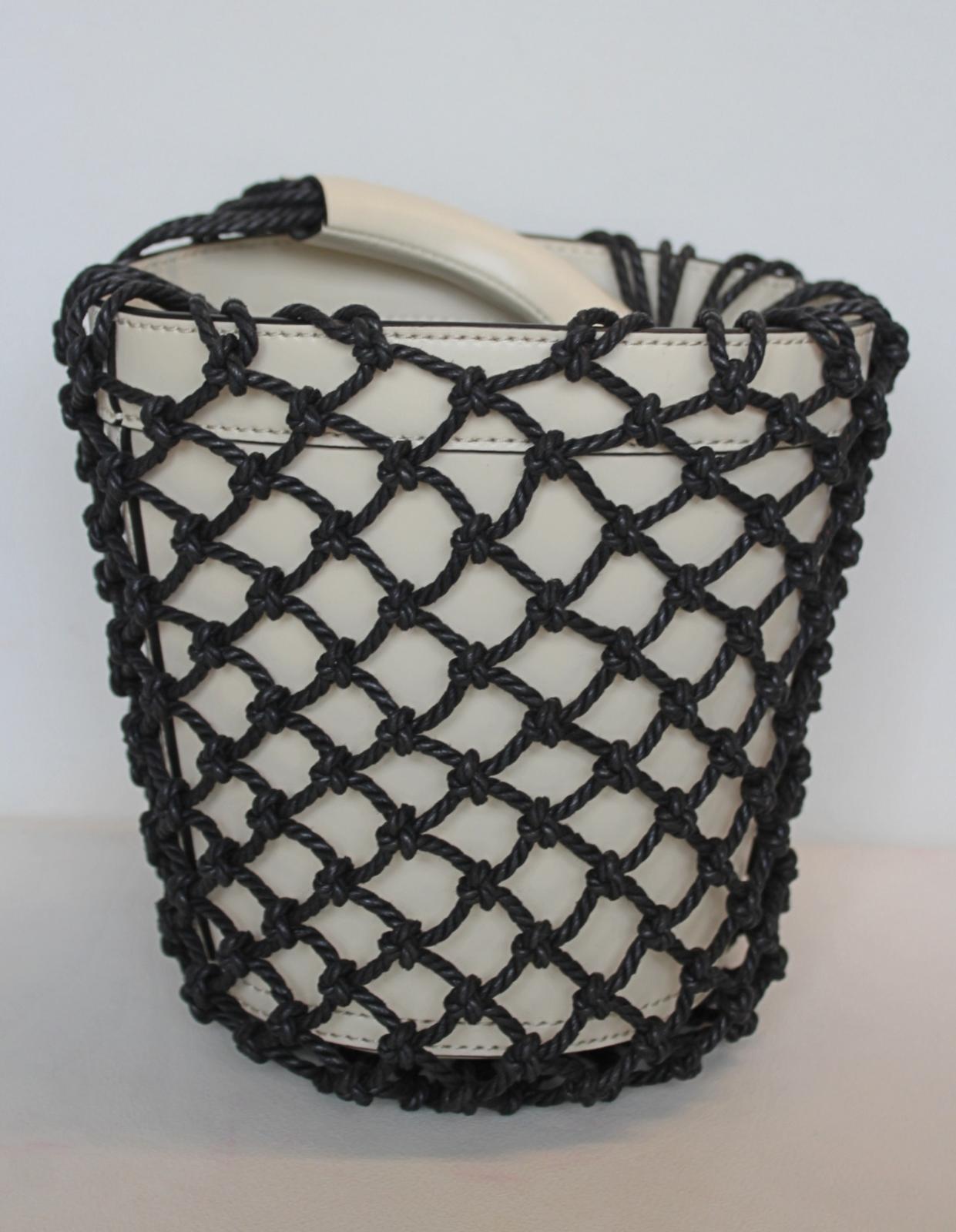 STAUD Ladies Moreau Natural/Black MacramÃ© & Leather Open Top Bucket Bag OS NEW