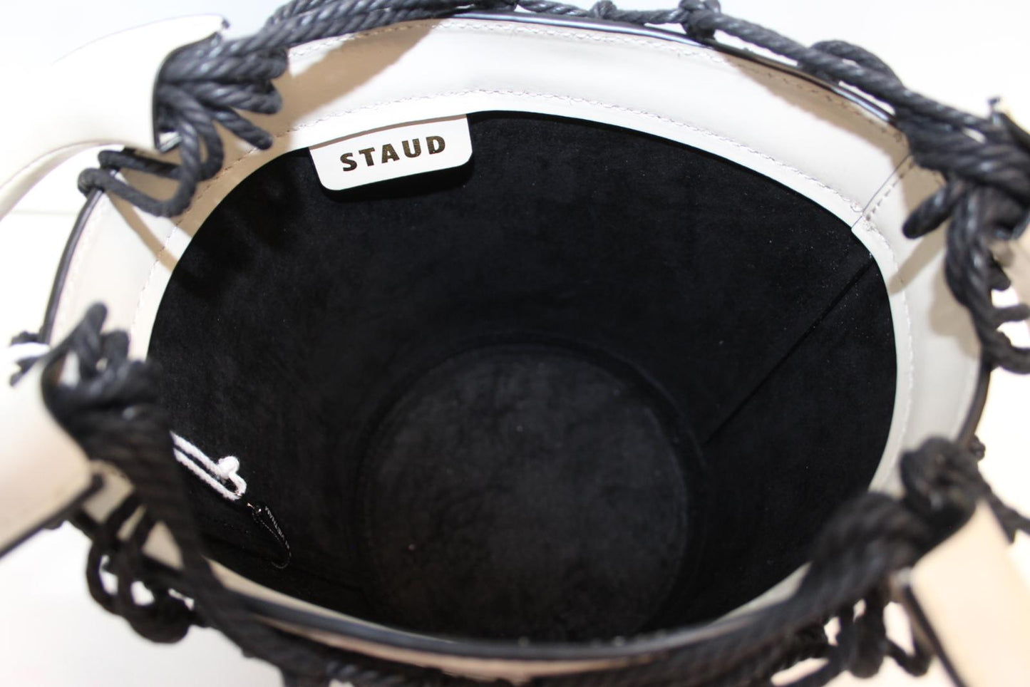 STAUD Ladies Moreau Natural/Black MacramÃ© & Leather Open Top Bucket Bag OS NEW