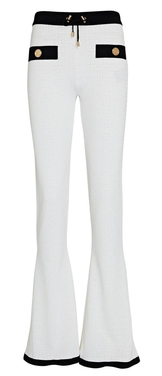 BALMAIN Ladies White Monogram Jacquard Flared Wool Blend Pants FR40 UK12 BNWT