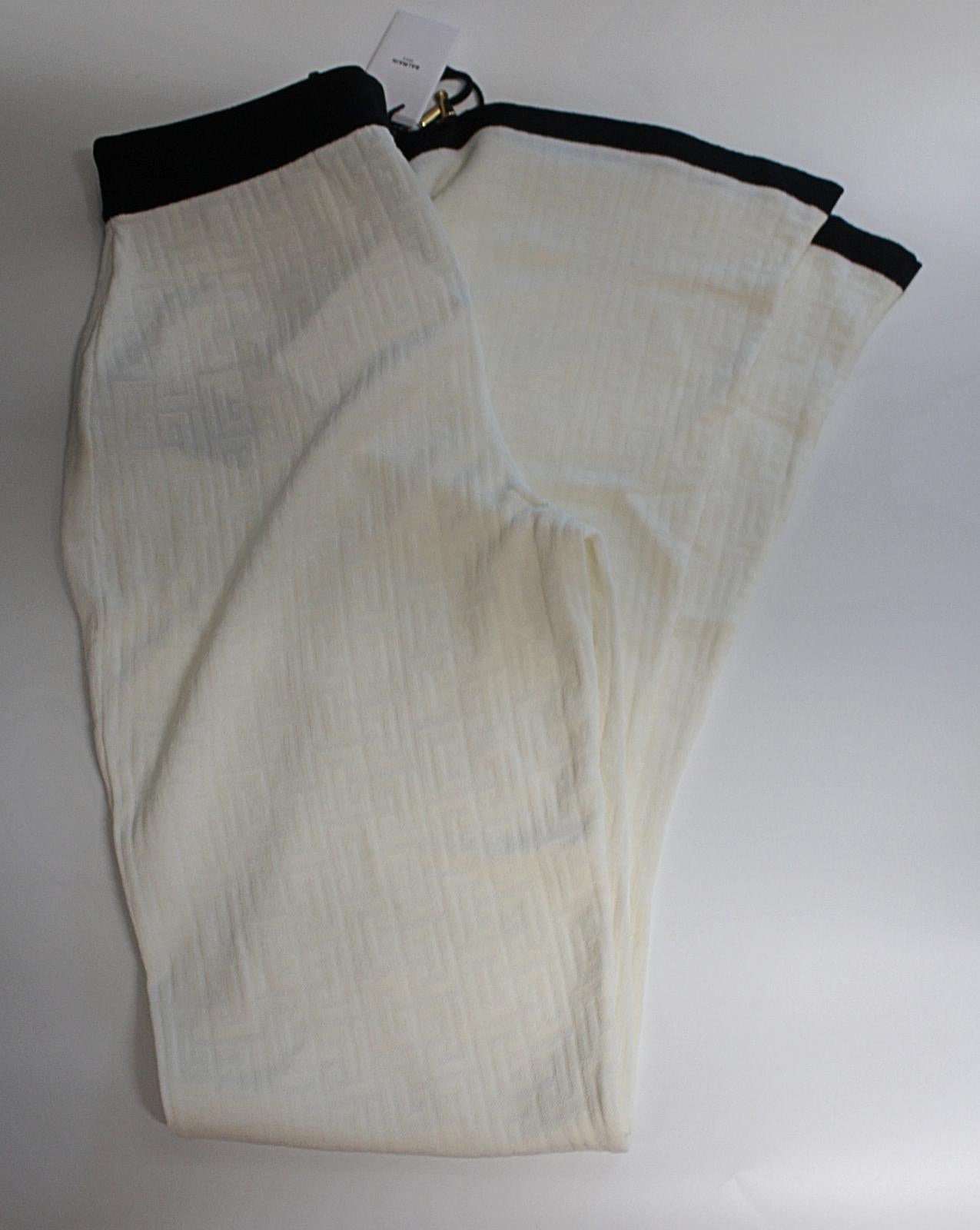 BALMAIN Ladies White Monogram Jacquard Flared Wool Blend Pants FR40 UK12 BNWT
