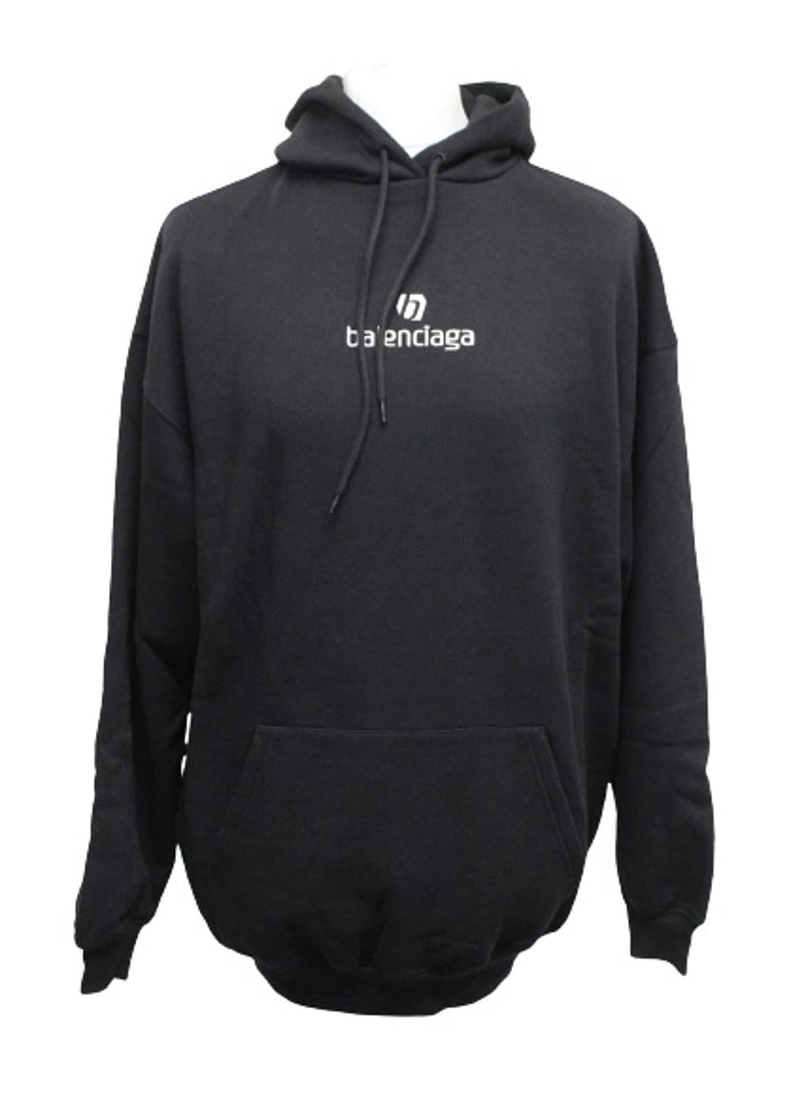 BALENCIAGA Men's Black Sponsor Logo Oversized Pullover Cotton Hoodie S NEW