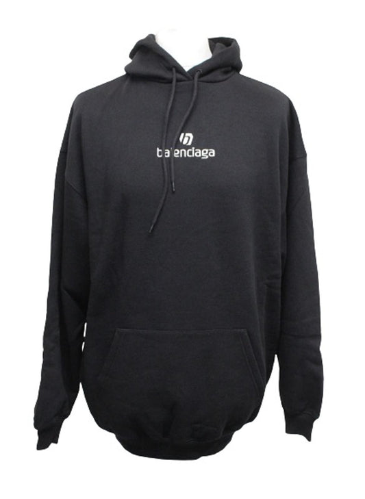 BALENCIAGA Men's Black Sponsor Logo Oversized Pullover Cotton Hoodie S NEW