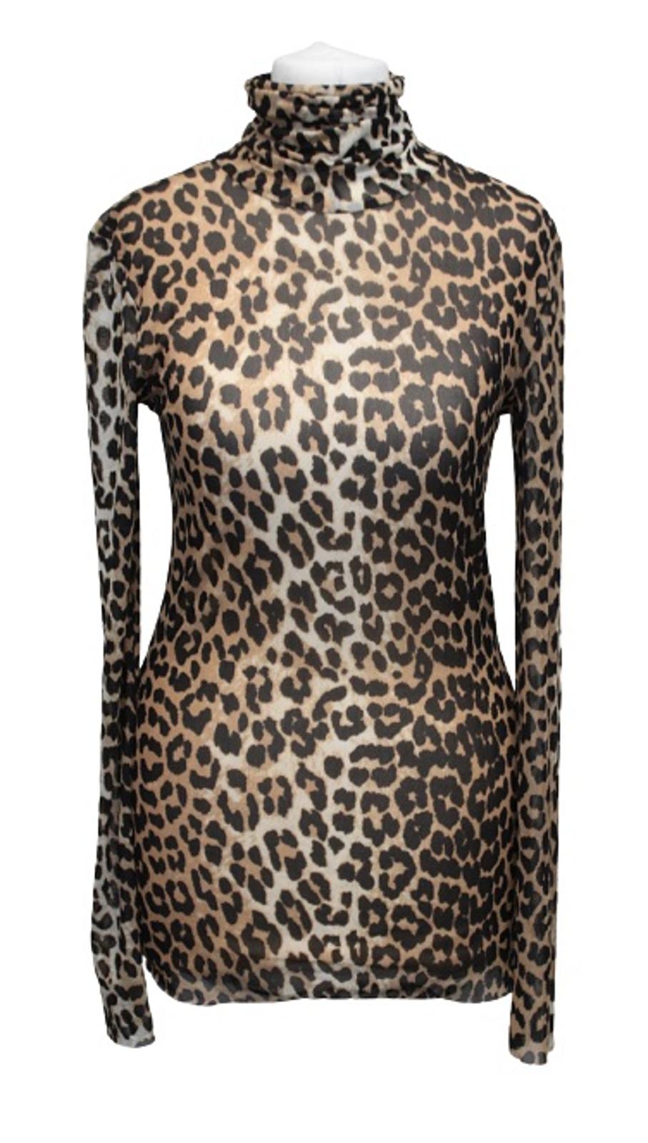 GANNI Ladies T2702 Brown Black Mesh Leopard Print Long Sleeve Top EU36 UK8 BNWT
