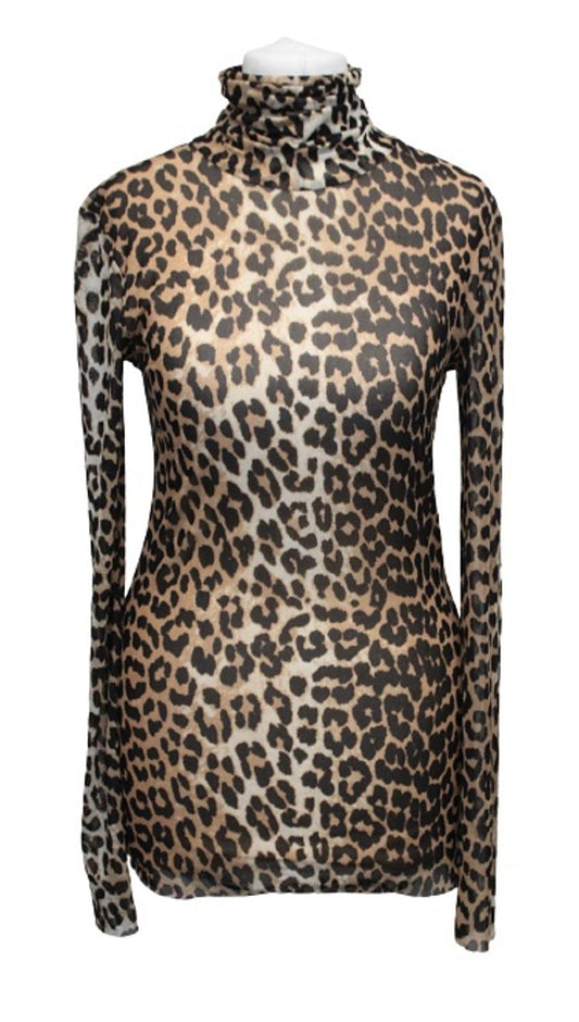 GANNI Ladies T2702 Brown Black Mesh Leopard Print Long Sleeve Top EU36 UK8 BNWT