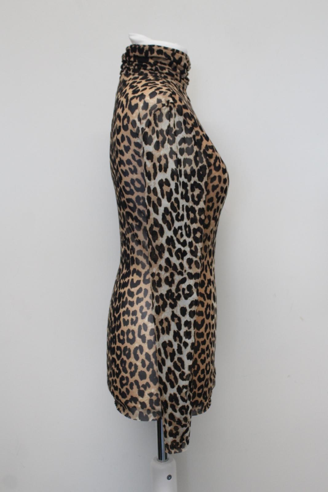 GANNI Ladies T2702 Brown Black Mesh Leopard Print Long Sleeve Top EU36 UK8 BNWT