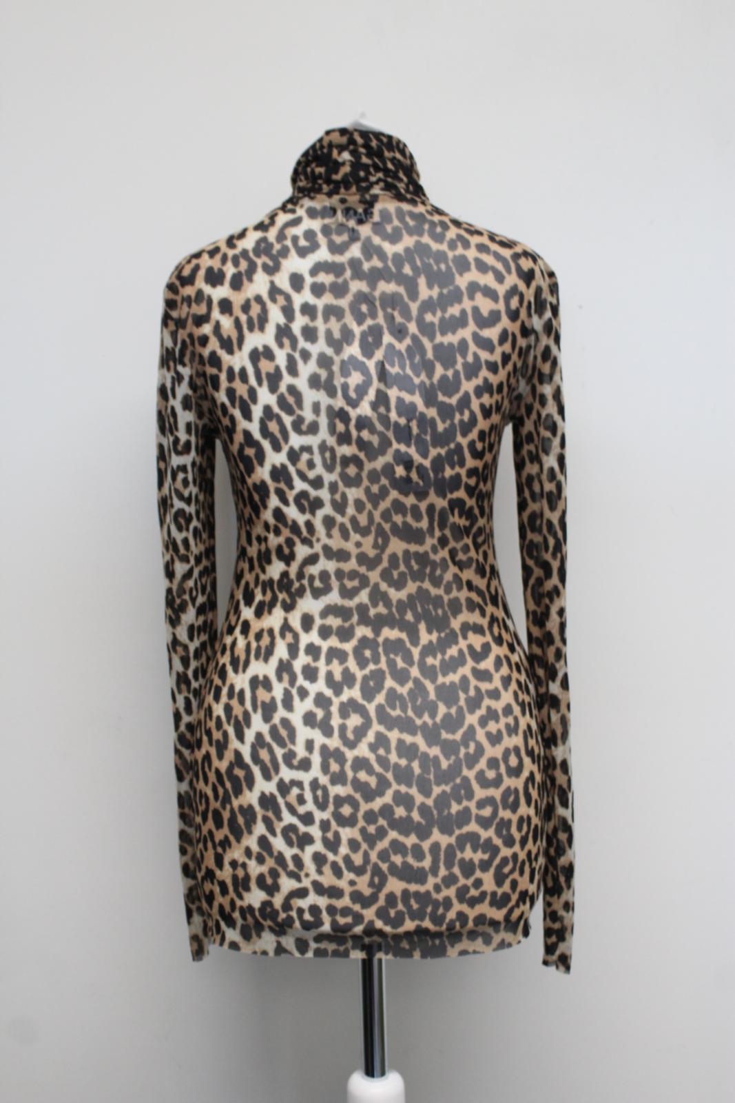 GANNI Ladies T2702 Brown Black Mesh Leopard Print Long Sleeve Top EU36 UK8 BNWT