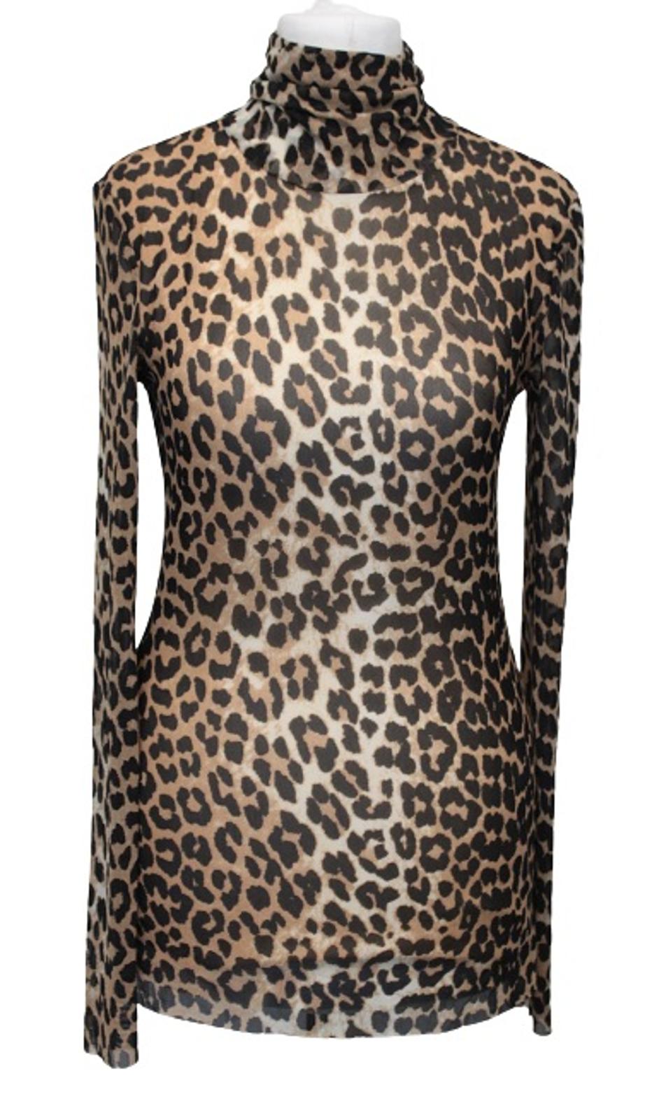 GANNI Ladies T2702 Brown Black Mesh Leopard Print Long Sleeve Top EU34 UK6 BNWT