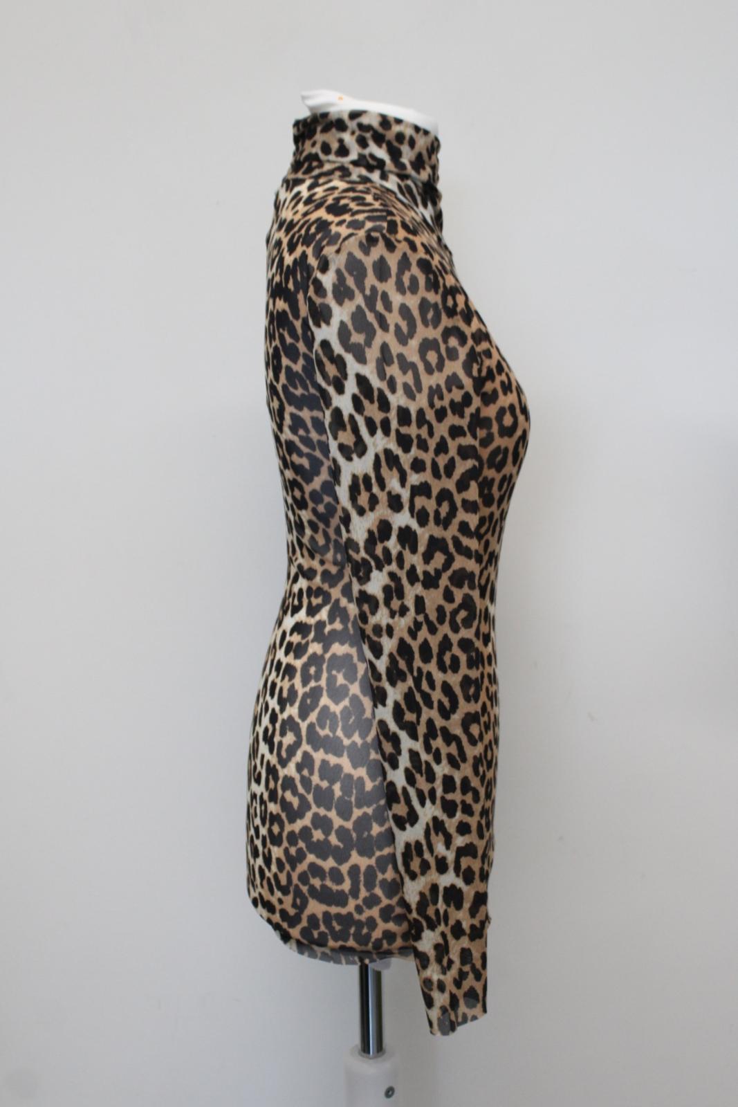 GANNI Ladies T2702 Brown Black Mesh Leopard Print Long Sleeve Top EU34 UK6 BNWT