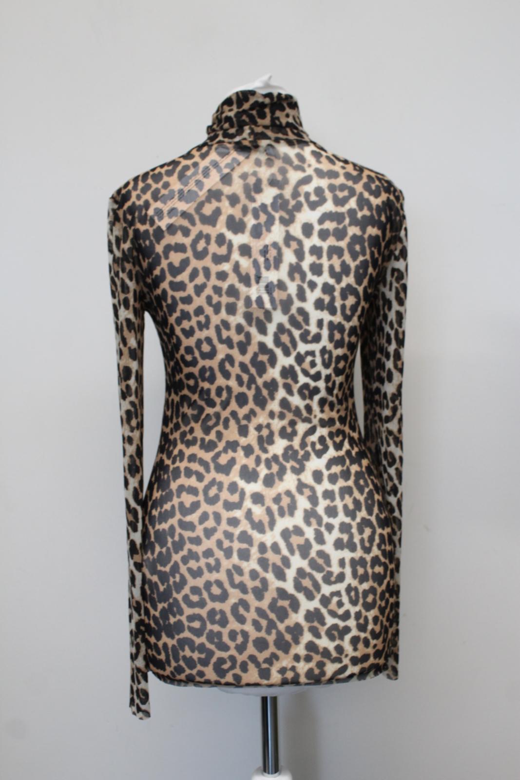 GANNI Ladies T2702 Brown Black Mesh Leopard Print Long Sleeve Top EU34 UK6 BNWT