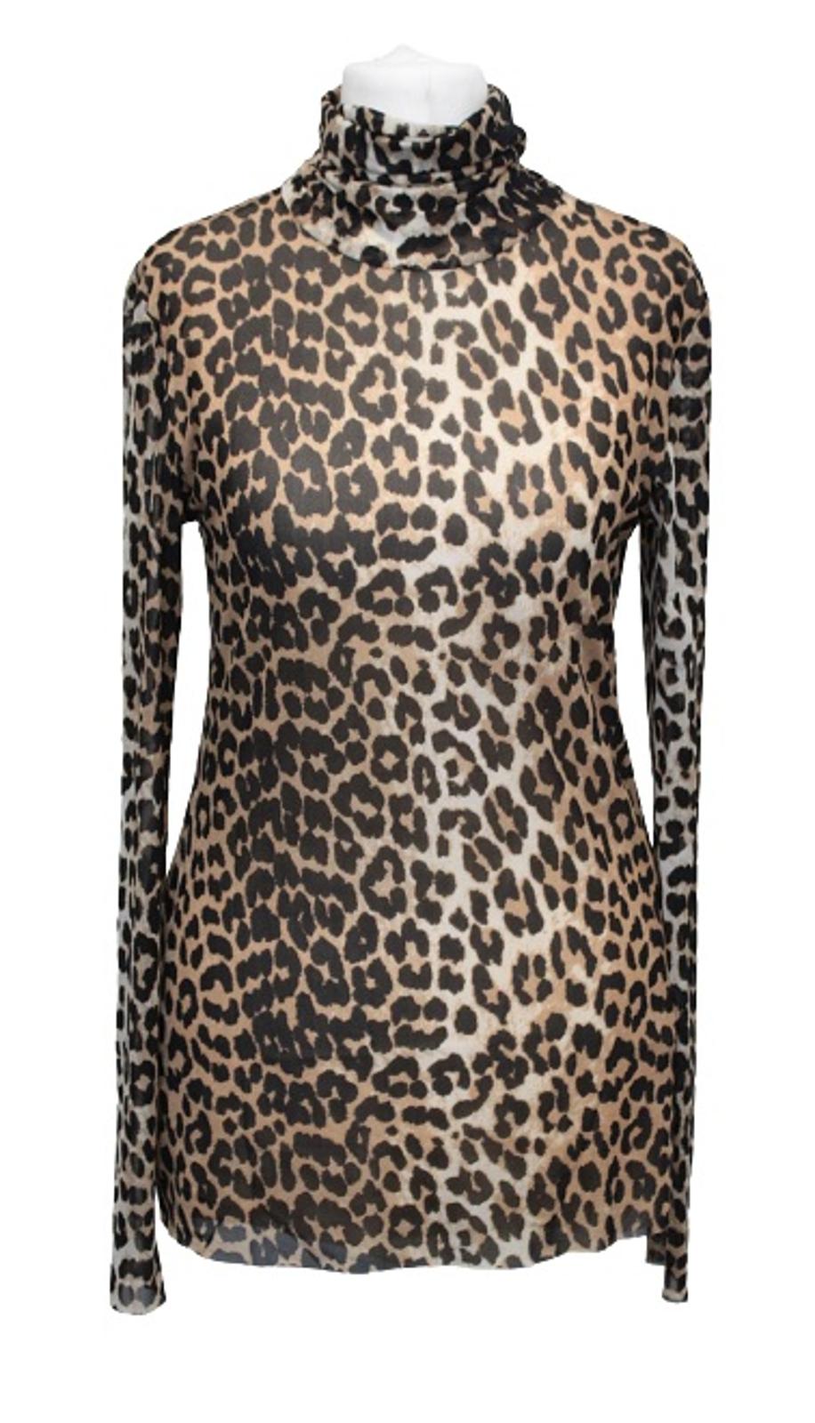 GANNI Ladies T2702 Brown Black Mesh Leopard Print Long Sleeve Top EU38 UK10 BNWT