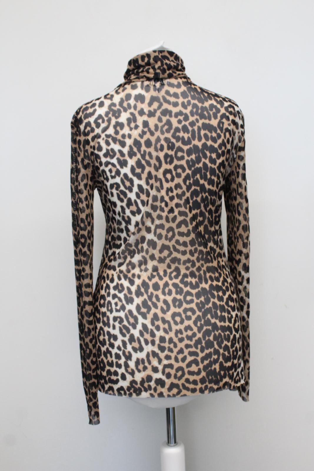 GANNI Ladies T2702 Brown Black Mesh Leopard Print Long Sleeve Top EU38 UK10 BNWT