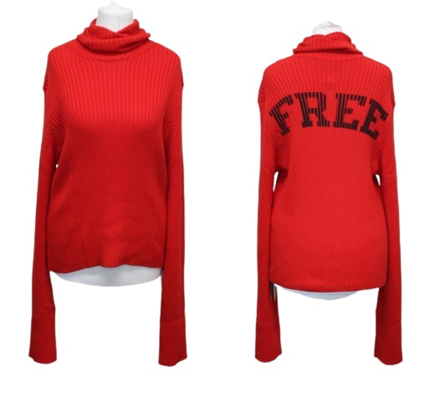 BALENCIAGA Ladies Red Ribbed Free logo Roll Neck Pullover Cotton Jumper XS BNWT
