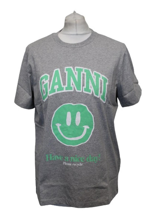 GANNI Ladies T2693 Paloma Melange Grey Green Smiley Cotton Blend T-Shirt XS BNWT