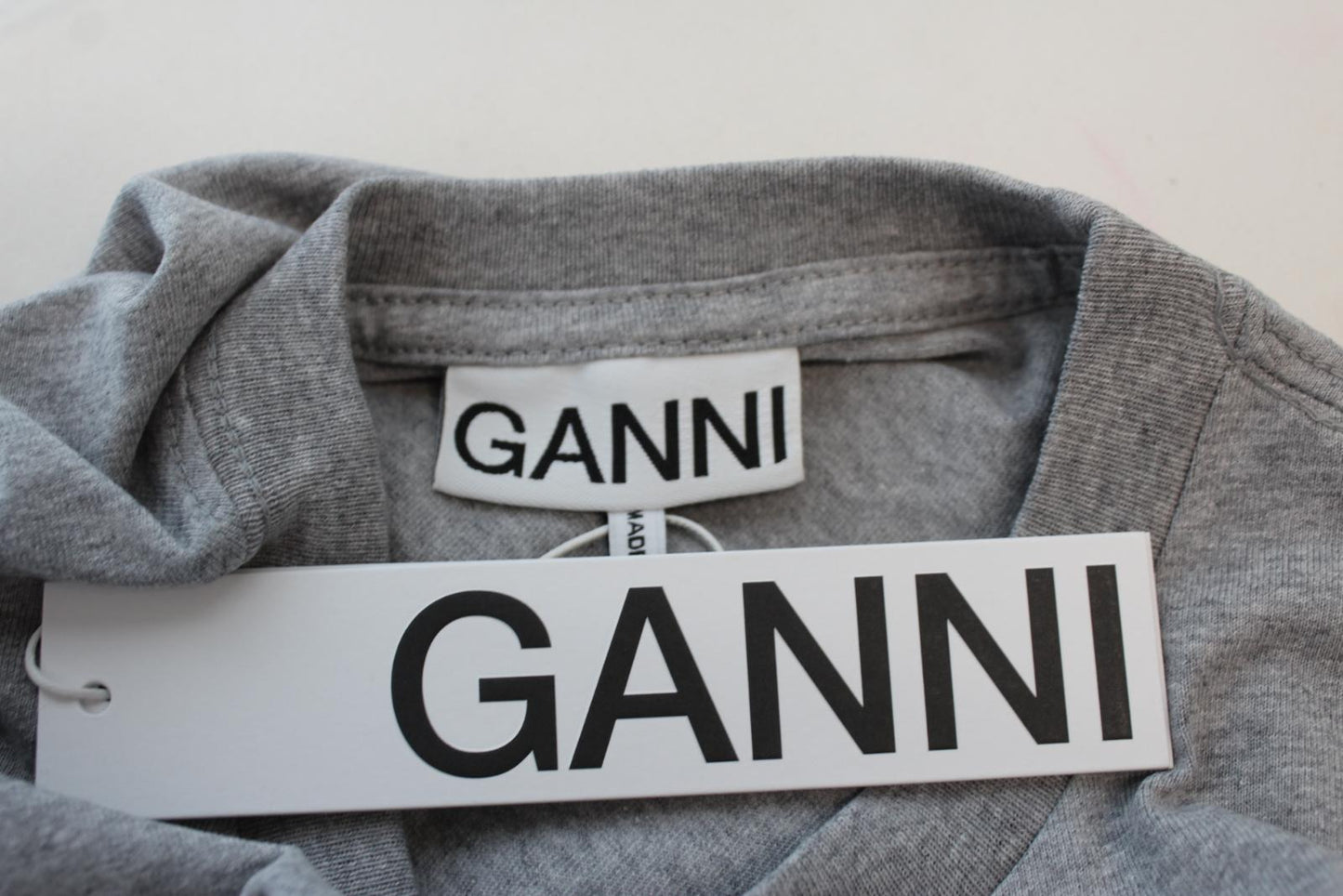 GANNI Ladies T2693 Paloma Melange Grey Green Smiley Cotton Blend T-Shirt XS BNWT