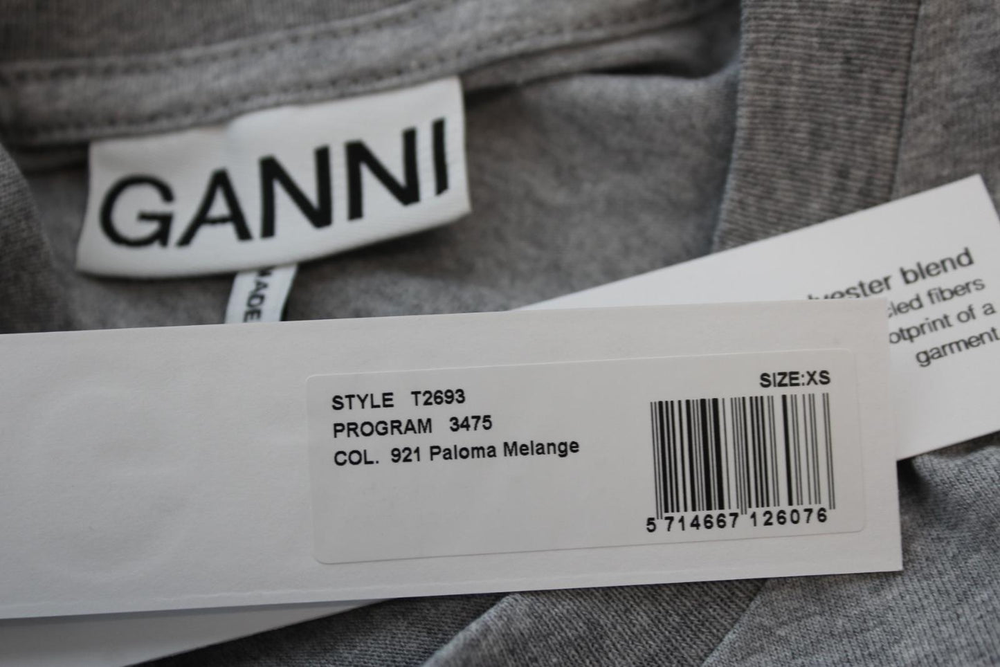 GANNI Ladies T2693 Paloma Melange Grey Green Smiley Cotton Blend T-Shirt XS BNWT