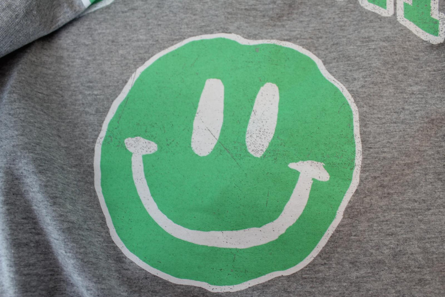 GANNI Ladies T2693 Paloma Melange Grey Green Smiley Cotton Blend T-Shirt XS BNWT