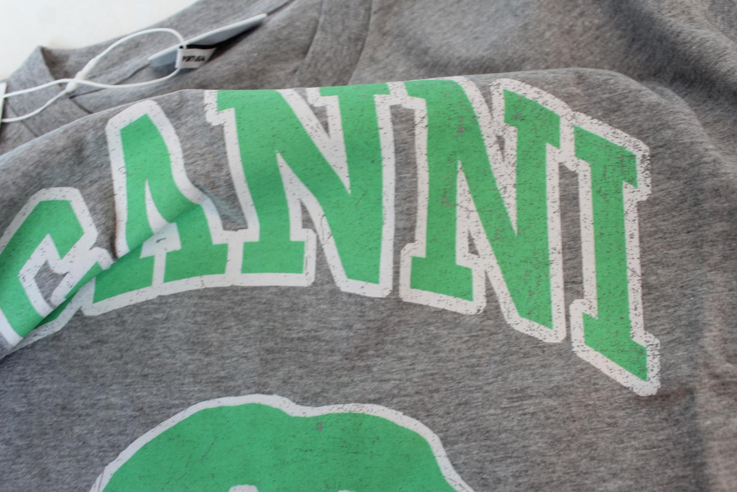 GANNI Ladies T2693 Paloma Melange Grey Green Smiley Cotton Blend T-Shirt XS BNWT
