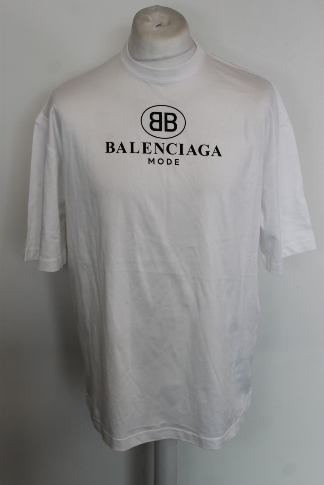 BALENCIAGA Men's White Cotton Short Sleeve Logo Print T-Shirt Size L NEW