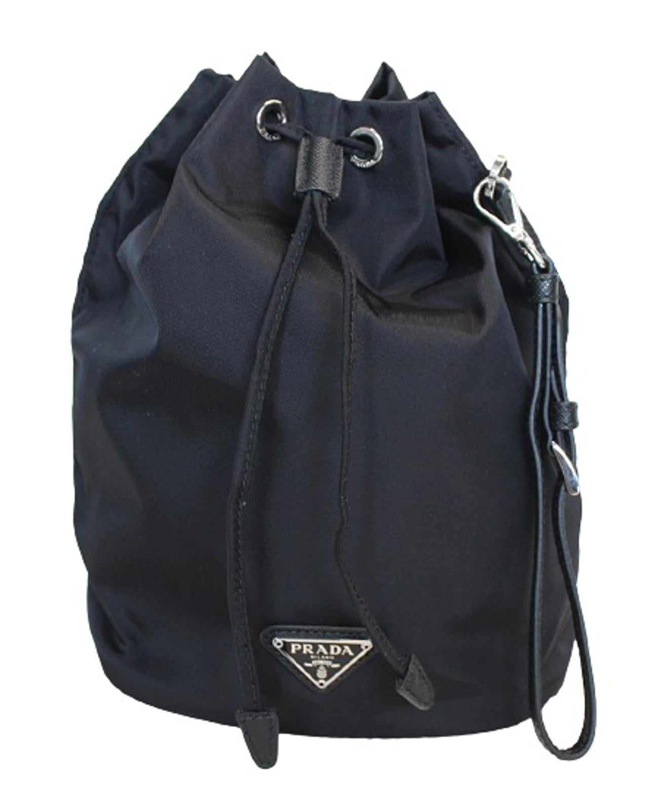 PRADA Ladies Vela Black Nylon Triangle Logo Drawstring Bucket Pouch Bag OS NEW