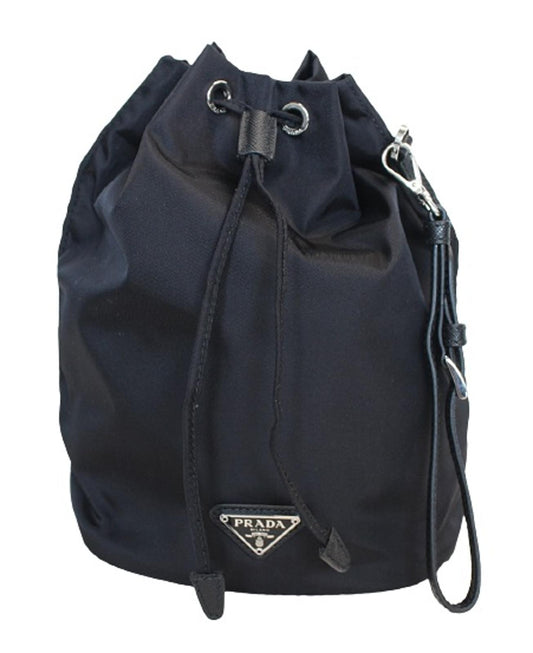 PRADA Ladies Vela Black Nylon Triangle Logo Drawstring Bucket Pouch Bag OS NEW