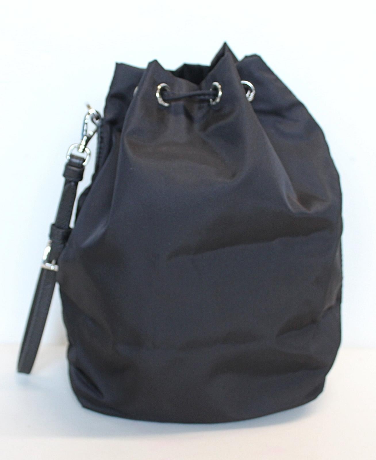 PRADA Ladies Vela Black Nylon Triangle Logo Drawstring Bucket Pouch Bag OS NEW