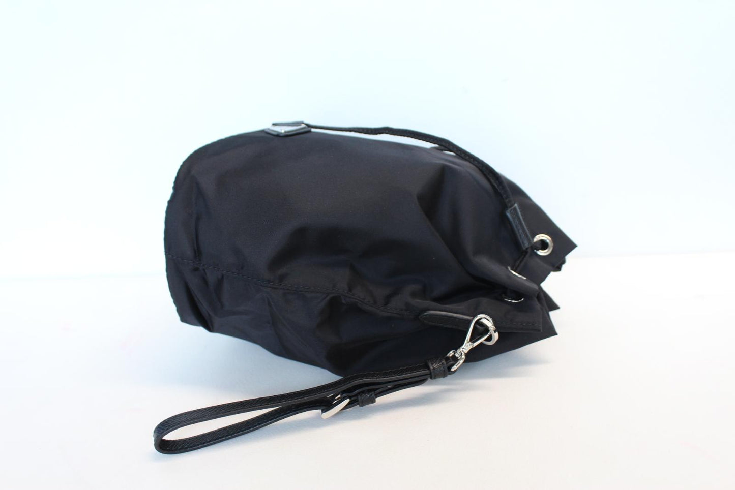 PRADA Ladies Vela Black Nylon Triangle Logo Drawstring Bucket Pouch Bag OS NEW