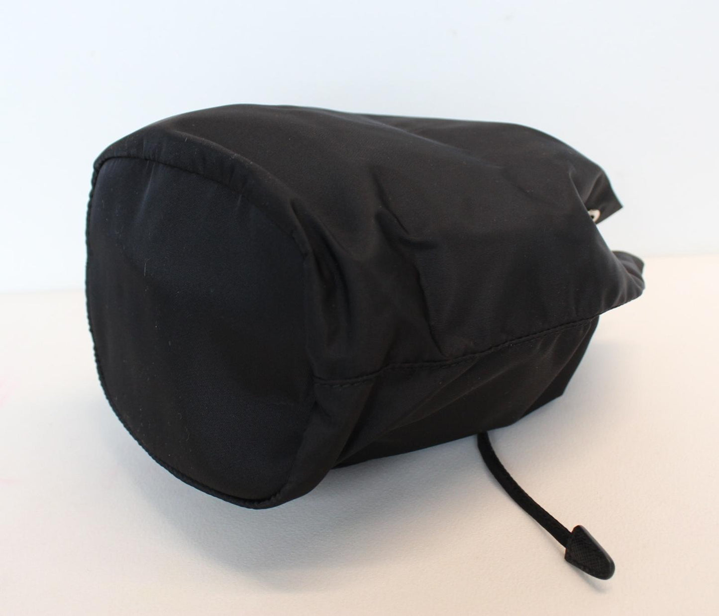 PRADA Ladies Vela Black Nylon Triangle Logo Drawstring Bucket Pouch Bag OS NEW