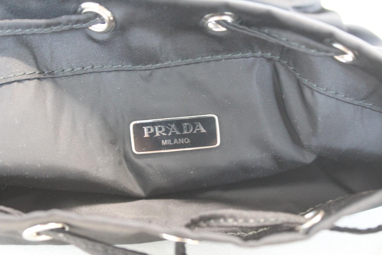 PRADA Ladies Vela Black Nylon Triangle Logo Drawstring Bucket Pouch Bag OS NEW
