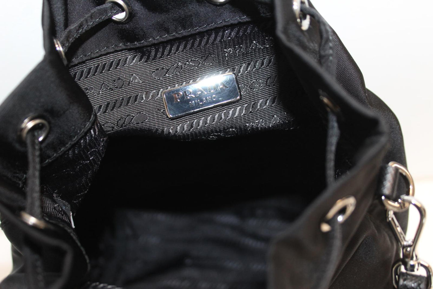 PRADA Ladies Vela Black Nylon Drawstring Bucket Pouch Bag 18 x 20 x 9cm NEW
