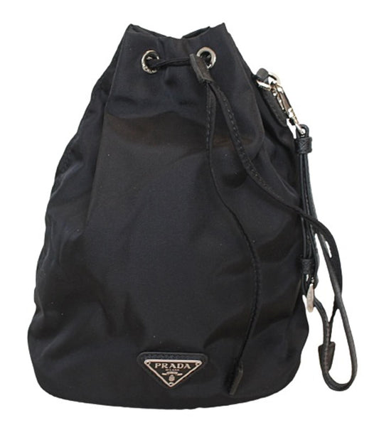 PRADA Ladies Vela Black Nylon Drawstring Bucket Pouch Bag 16 x 21 x 11cm NEW