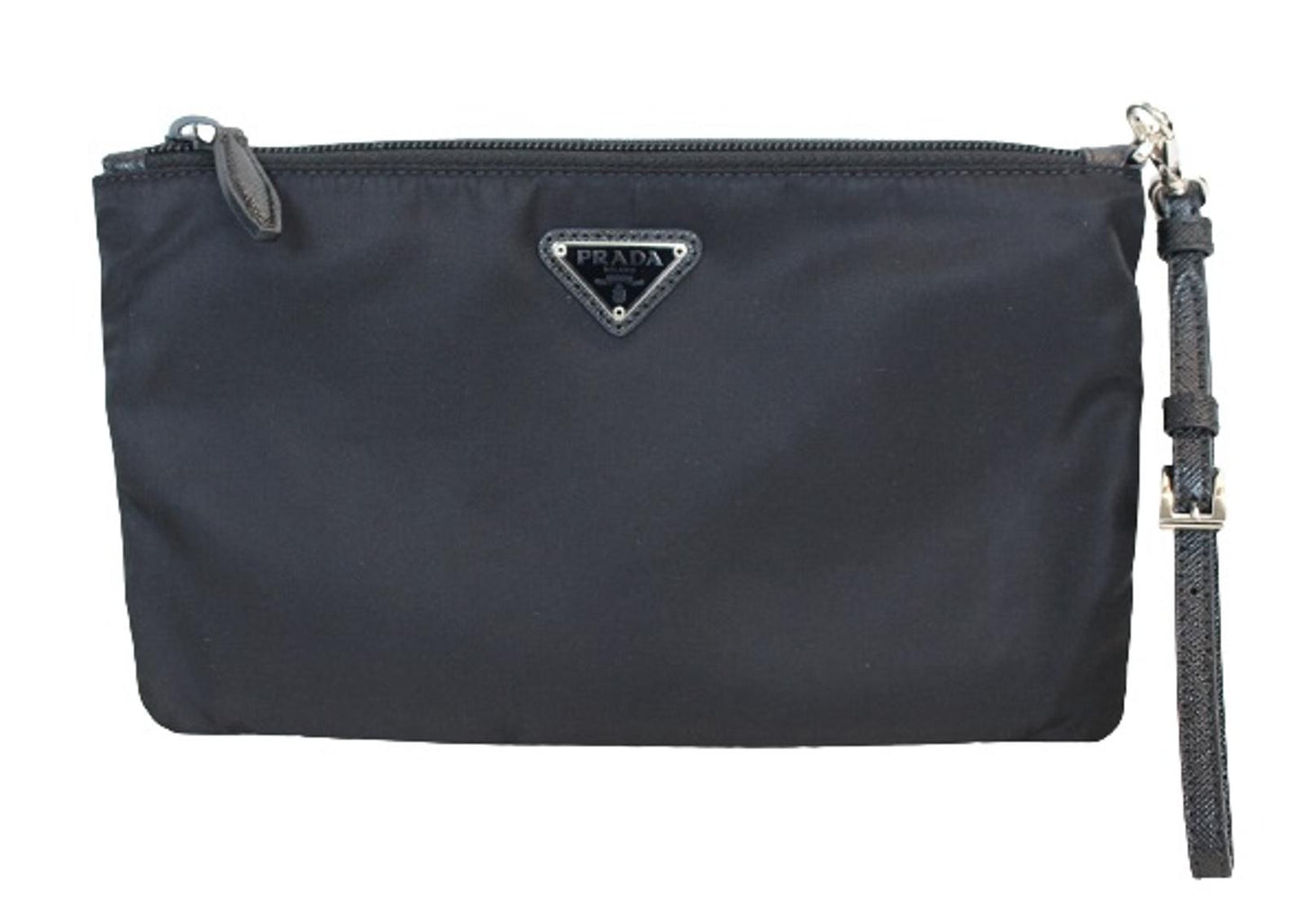 PRADA Ladies 1NH545 Black Vela Zip Logo Nylon Pouch Wristlet Clutch Bag OS NEW