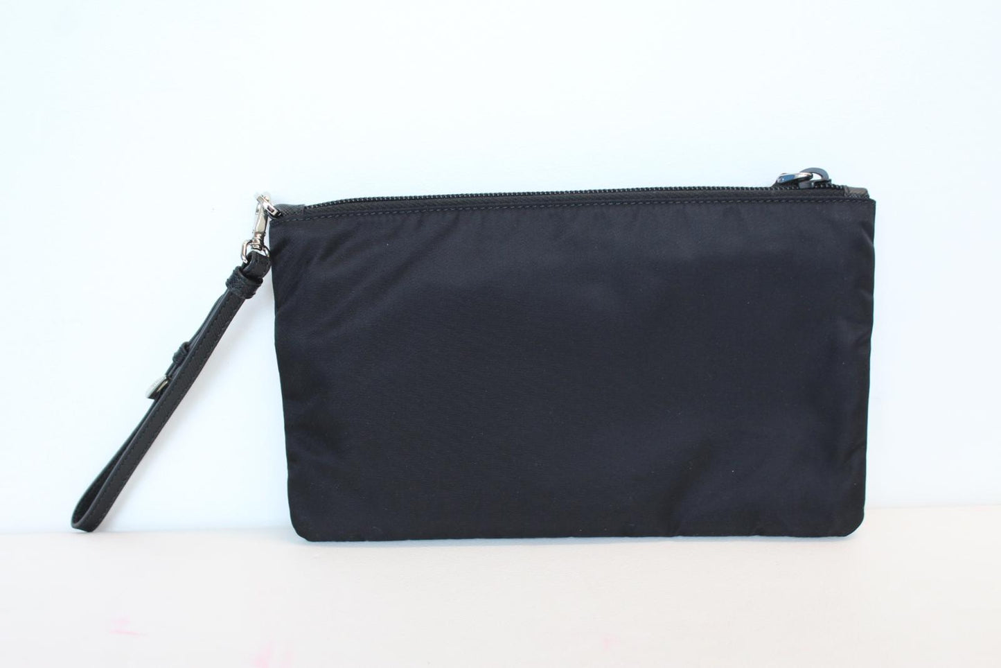 PRADA Ladies 1NH545 Black Vela Zip Logo Nylon Pouch Wristlet Clutch Bag OS NEW