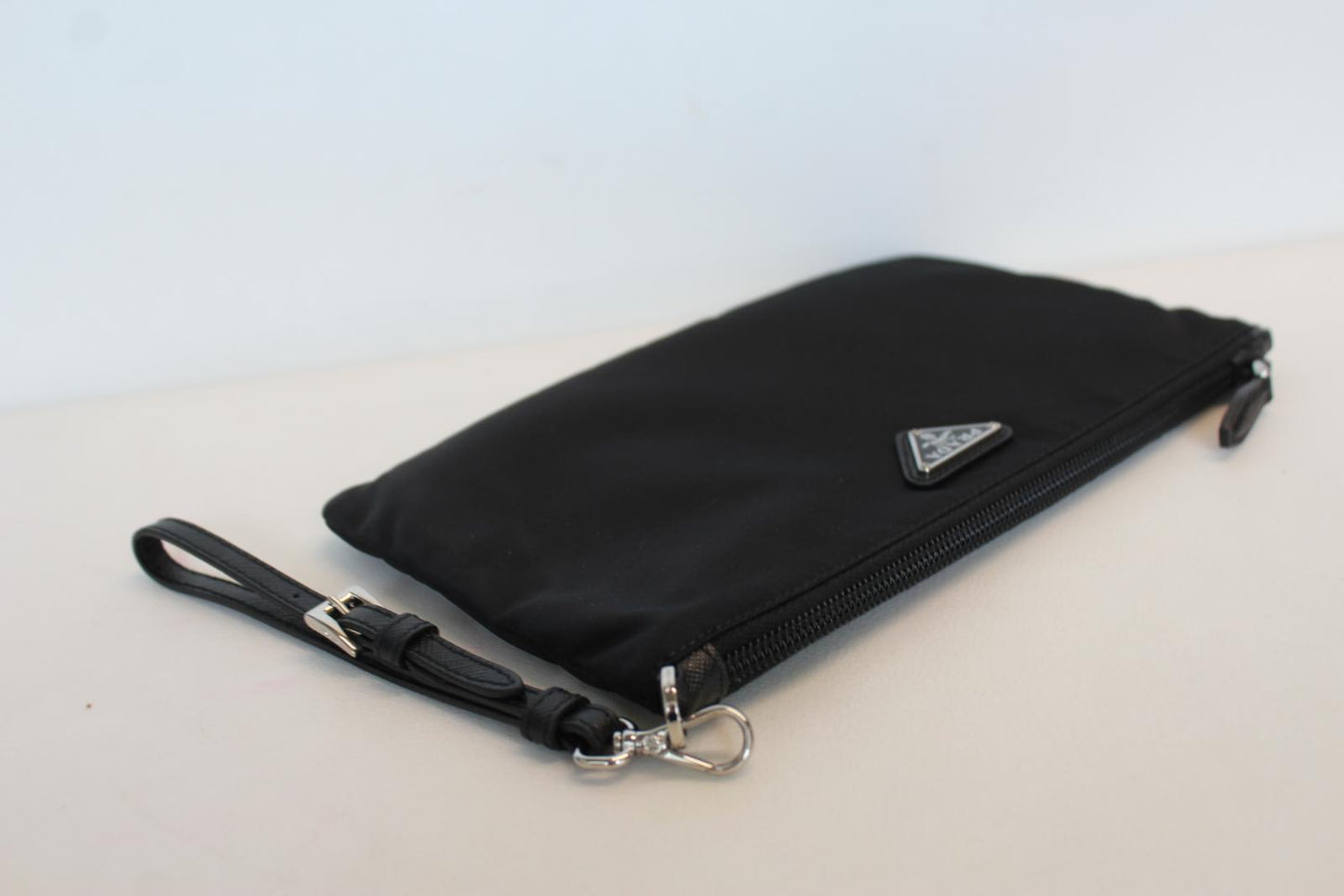 PRADA Ladies 1NH545 Black Vela Zip Logo Nylon Pouch Wristlet Clutch Bag OS NEW