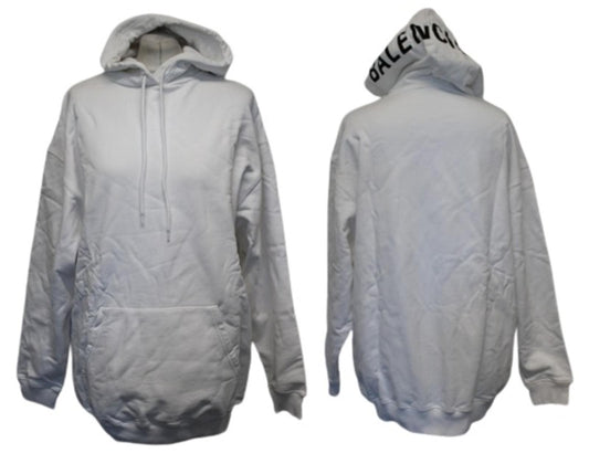 BALENCIAGA Ladies White Black Hood Logo Oversized Pullover Cotton Hoodie XS NEW