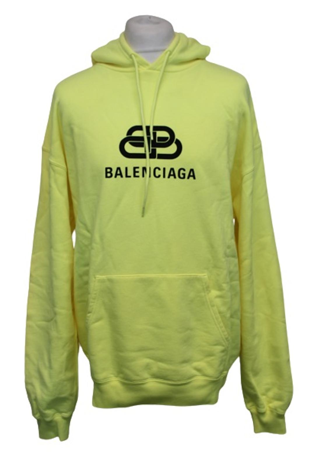 BALENCIAGA Men's Neon Yellow Black BB Logo Cotton Oversized Hoodie L NEW
