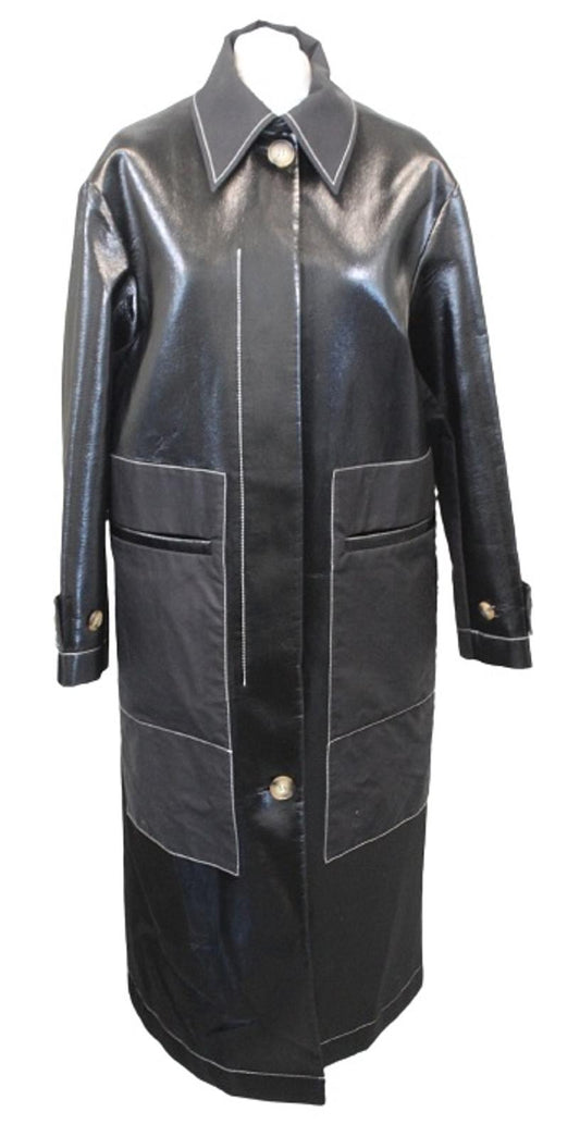 REJINA PYO Ladies Logan Black Faux Leather Contrast Stitch Shiny Coat S NEW