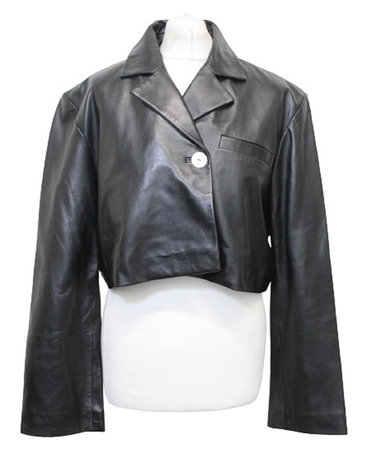 GANNI Ladies F5581 Black Single Button Cropped Leather Jacket EU42 UK14 NEW