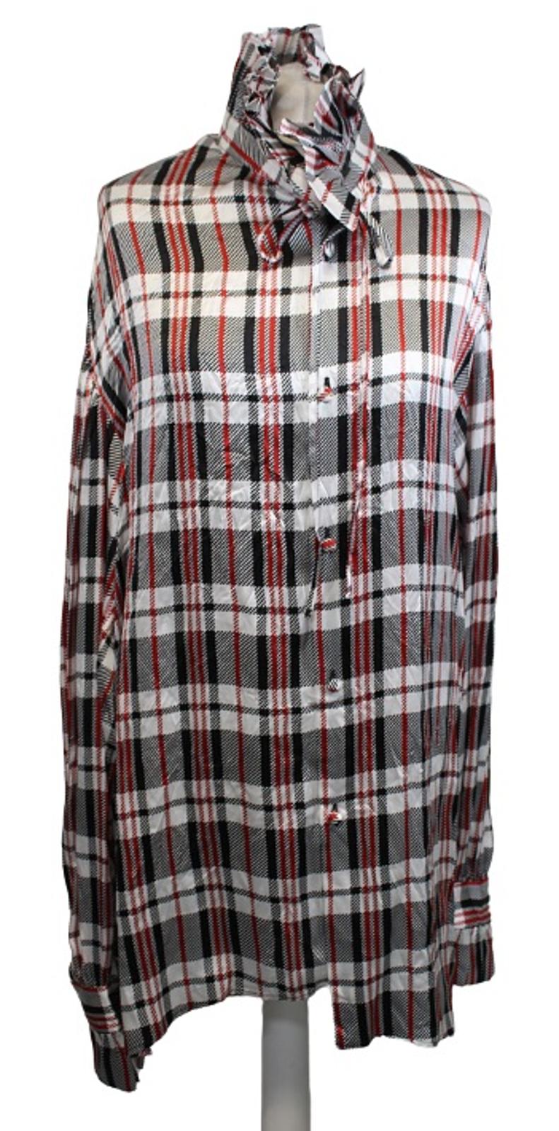 BALENCIAGA Ladies Black Red Ruffle Neck Large Fit Silk Check Shirt EU34 UK6 BNWT