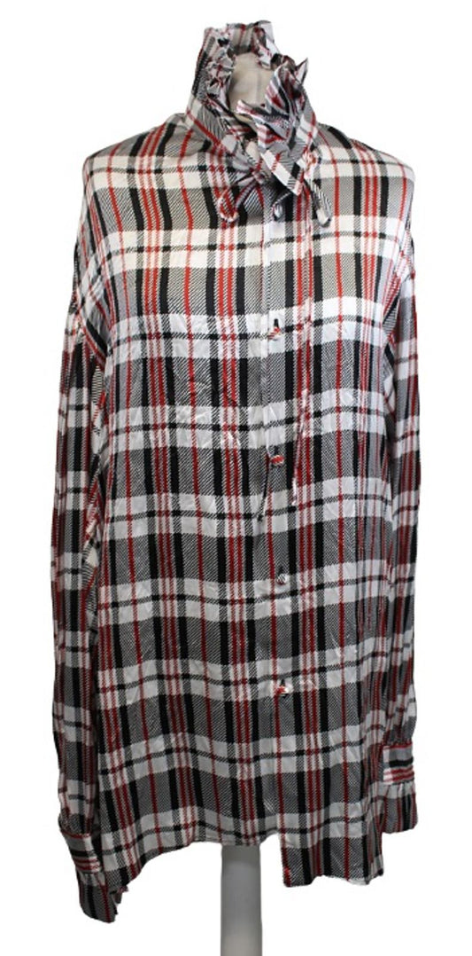 BALENCIAGA Ladies Black Red Ruffle Neck Large Fit Silk Check Shirt EU34 UK6 BNWT