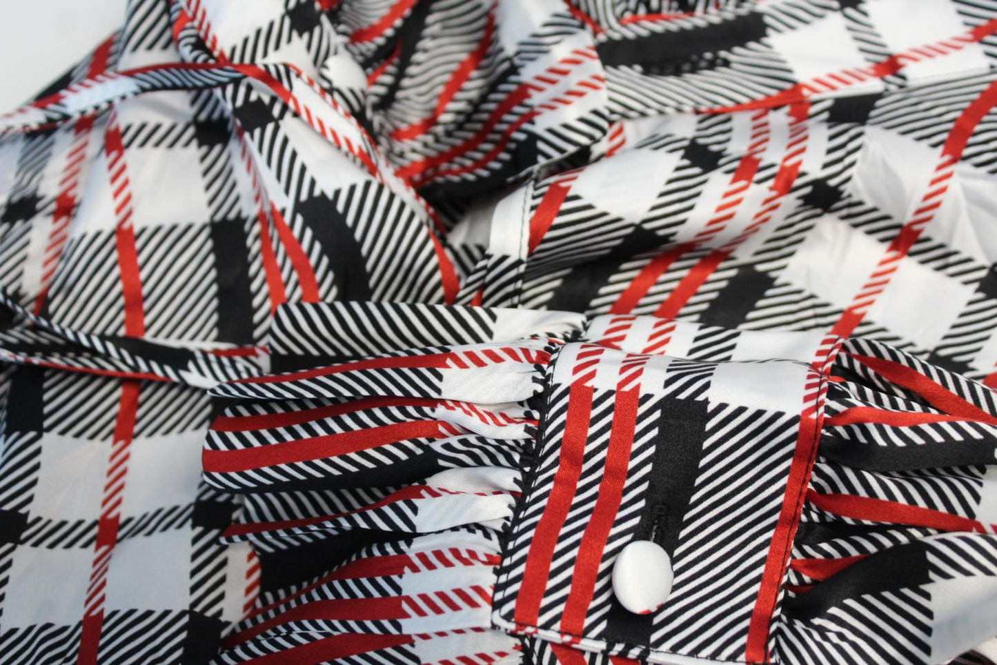 BALENCIAGA Ladies Black Red Ruffle Neck Large Fit Silk Check Shirt EU34 UK6 BNWT