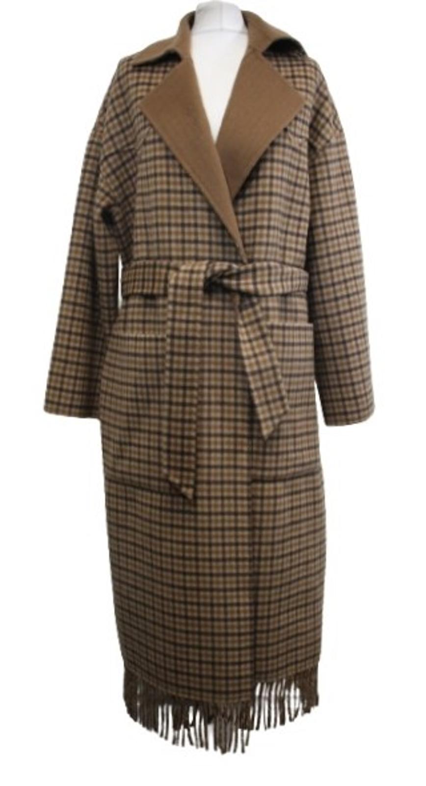 NANUSHKA Ladies Brown Wool Silk Blend Check Alamo Fringed Robe Coat S NEW