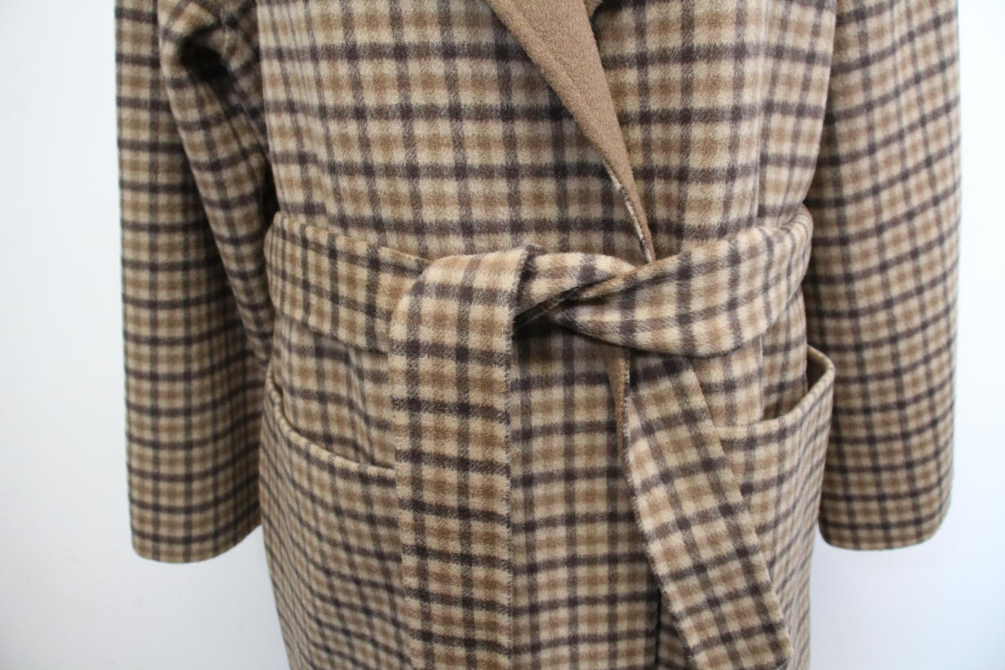 NANUSHKA Ladies Brown Wool Silk Blend Check Alamo Fringed Robe Coat M NEW