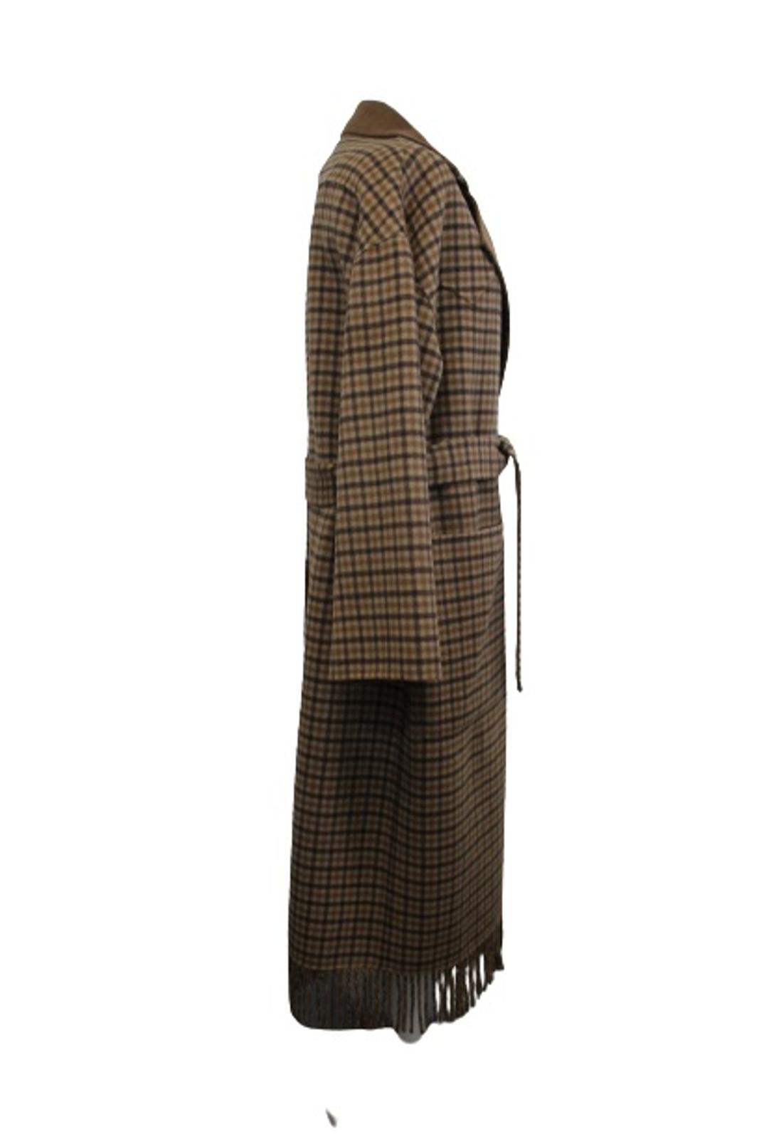 NANUSHKA Ladies Brown Wool Silk Blend Check Alamo Fringed Robe Coat L NEW