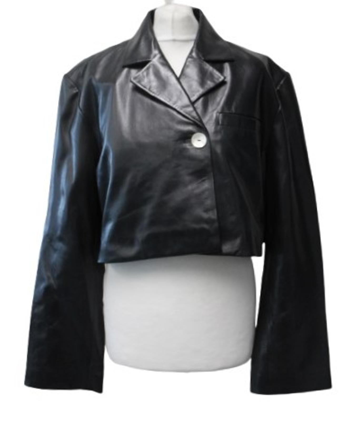 GANNI Ladies Black Lamb Leather Boxy Fit Cropped Jacket Size 42 UK16 NEW
