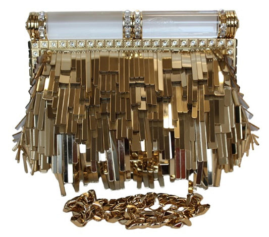 DOLCE & GABBANA Ladies Gold Mordore Nappa Metallic Fringe Clutch Bag OS NEW