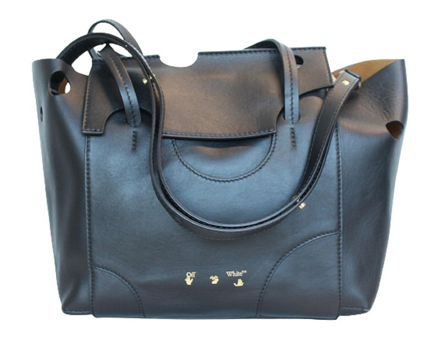 OFF-WHITE Ladies Black Leather Double Handle Foldover Burrow Tote Bag OS NEW