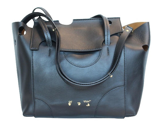 OFF-WHITE Ladies Black Leather Double Handle Foldover Burrow Tote Bag OS NEW